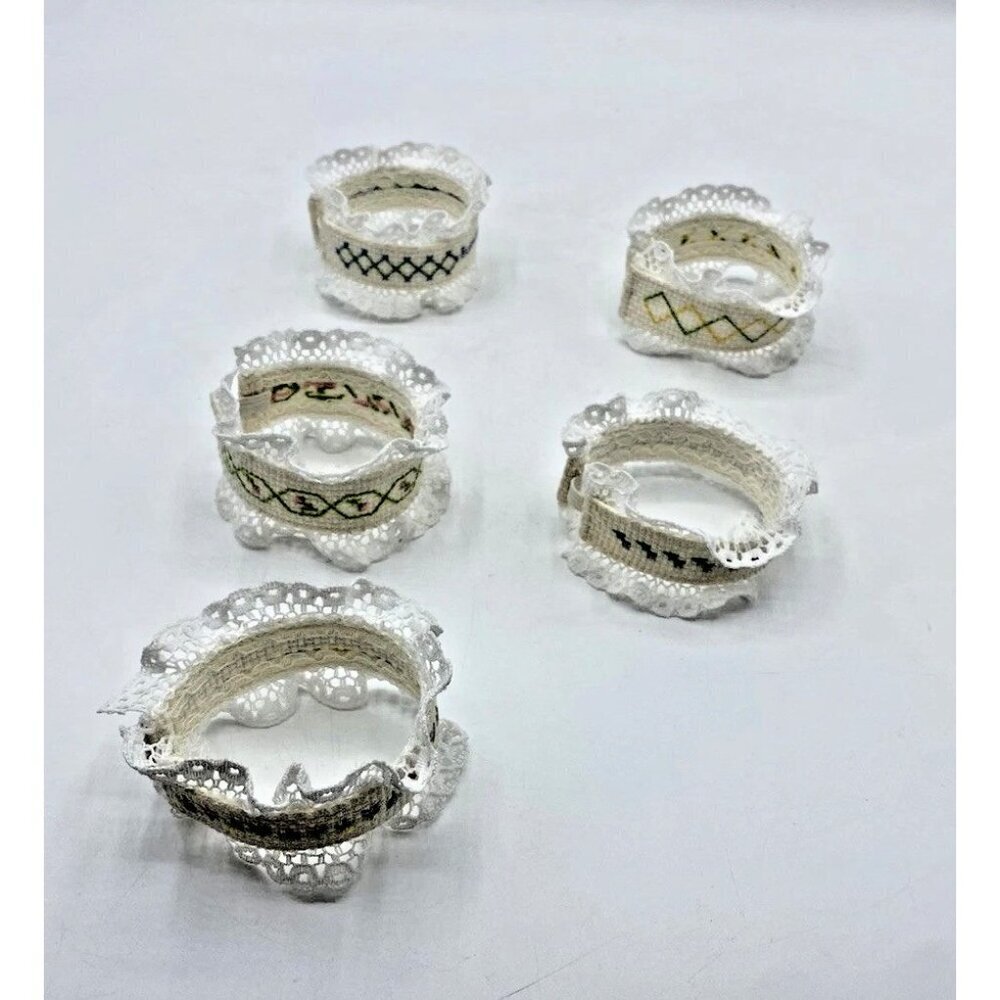 Vintage Cross Stitch Napkin Rings Handmade Easter Spring Dinner Party Set of 5